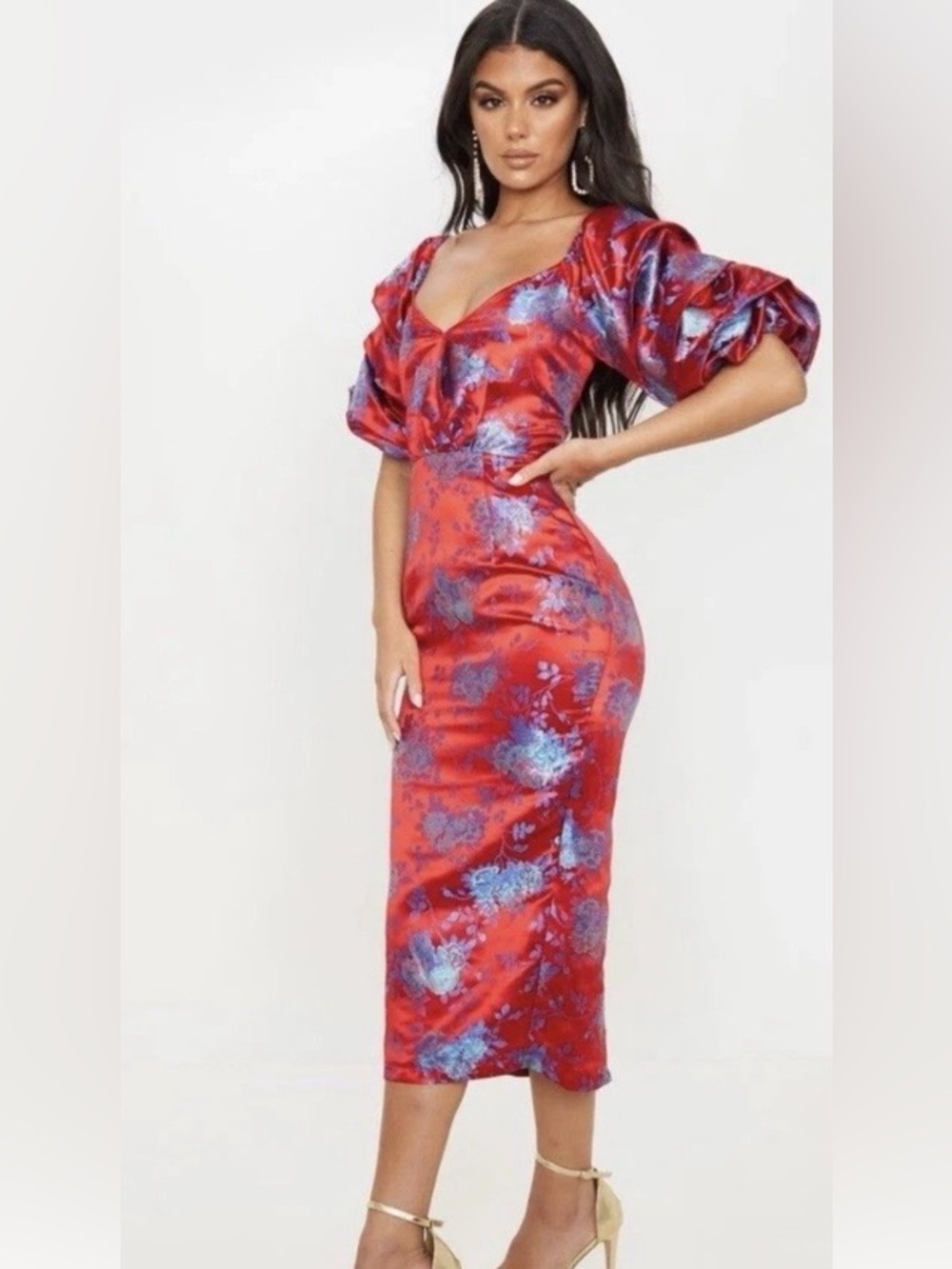 PrettyLittleThing Red Satin Floral Midi Dress with Blue Accents